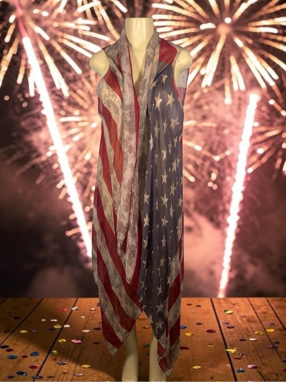 American Flag Sleeveless Duster Vest - Red, White & Blue